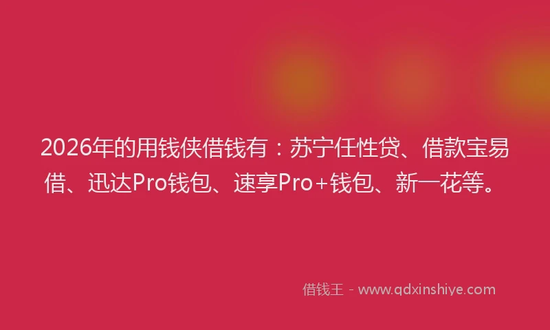 2026年的用钱侠借钱有：苏宁任性贷、借款宝易借、迅达Pro钱包、速享Pro+钱包、新一花等。