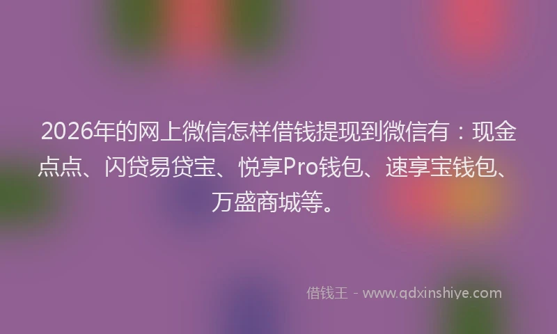 2026年的网上微信怎样借钱提现到微信有：现金点点、闪贷易贷宝、悦享Pro钱包、速享宝钱包、万盛商城等。