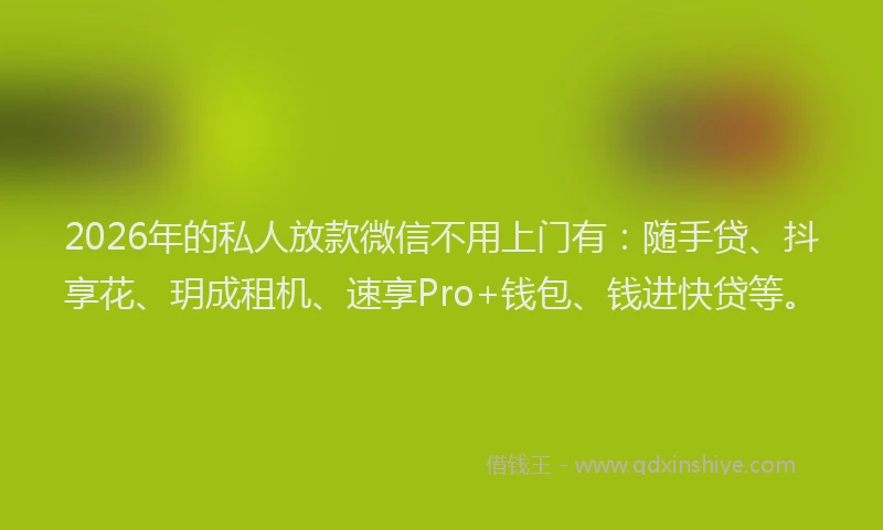 2026年的私人放款微信不用上门有：随手贷、抖享花、玥成租机、速享Pro+钱包、钱进快贷等。