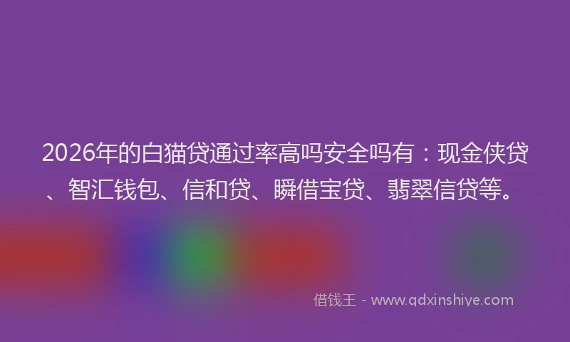 2026年的白猫贷通过率高吗安全吗有：现金侠贷、智汇钱包、信和贷、瞬借宝贷、翡翠信贷等。