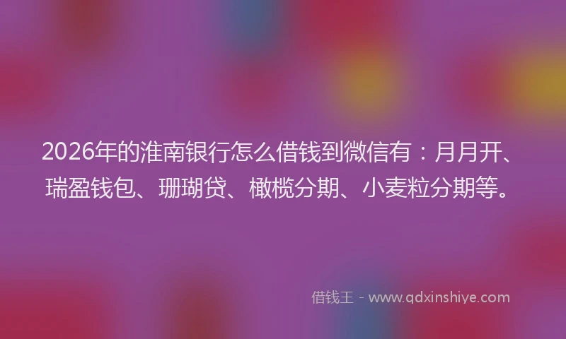 2026年的淮南银行怎么借钱到微信有：月月开、瑞盈钱包、珊瑚贷、橄榄分期、小麦粒分期等。