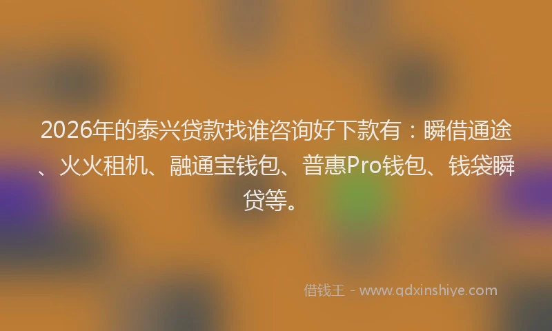 2026年的泰兴贷款找谁咨询好下款有：瞬借通途、火火租机、融通宝钱包、普惠Pro钱包、钱袋瞬贷等。