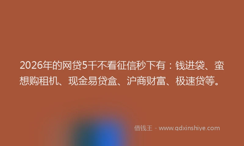 2026年的网贷5千不看征信秒下有：钱进袋、蛮想购租机、现金易贷盒、沪商财富、极速贷等。