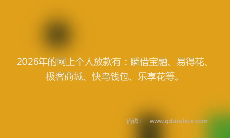 2026年的网上个人放款有：瞬借宝融、易得花、极客商城、快鸟钱包、乐享花等。