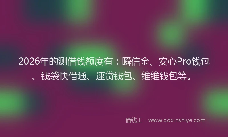 2026年的测借钱额度有：瞬信金、安心Pro钱包、钱袋快借通、速贷钱包、维维钱包等。