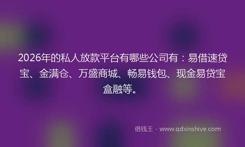 2026年的私人放款平台有哪些公司有：易借速贷宝、金满仓、万盛商城、畅易钱包、现金易贷宝盒融等。
