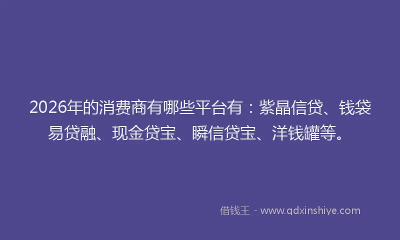 2026年的消费商有哪些平台有：紫晶信贷、钱袋易贷融、现金贷宝、瞬信贷宝、洋钱罐等。