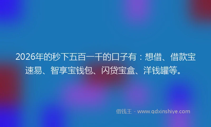 2026年的秒下五百一千的口子有：想借、借款宝速易、智享宝钱包、闪贷宝盒、洋钱罐等。