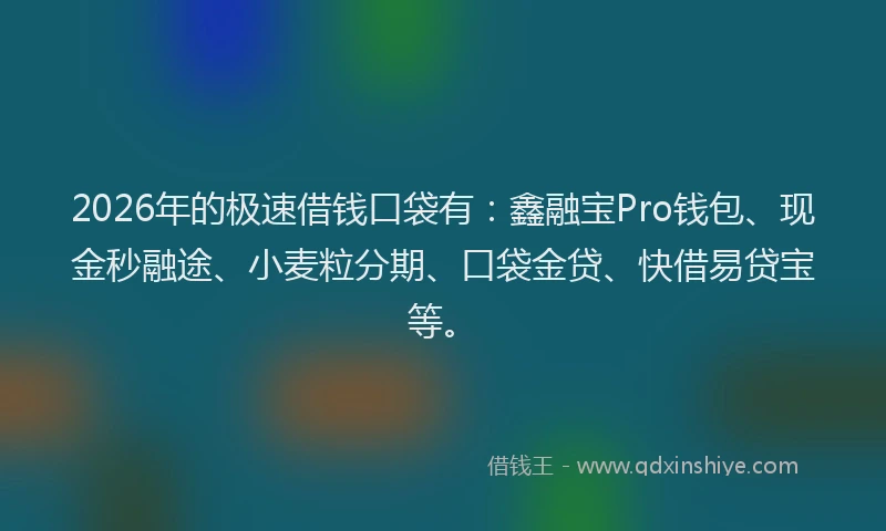 2026年的极速借钱口袋有：鑫融宝Pro钱包、现金秒融途、小麦粒分期、口袋金贷、快借易贷宝等。