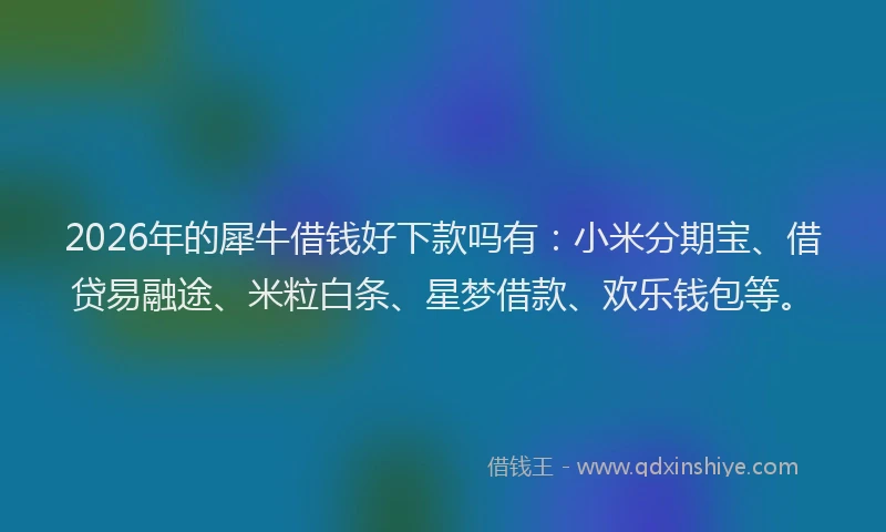 2026年的犀牛借钱好下款吗有：小米分期宝、借贷易融途、米粒白条、星梦借款、欢乐钱包等。