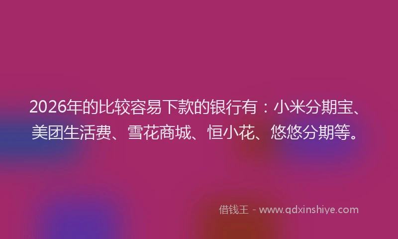 2026年的比较容易下款的银行有：小米分期宝、美团生活费、雪花商城、恒小花、悠悠分期等。