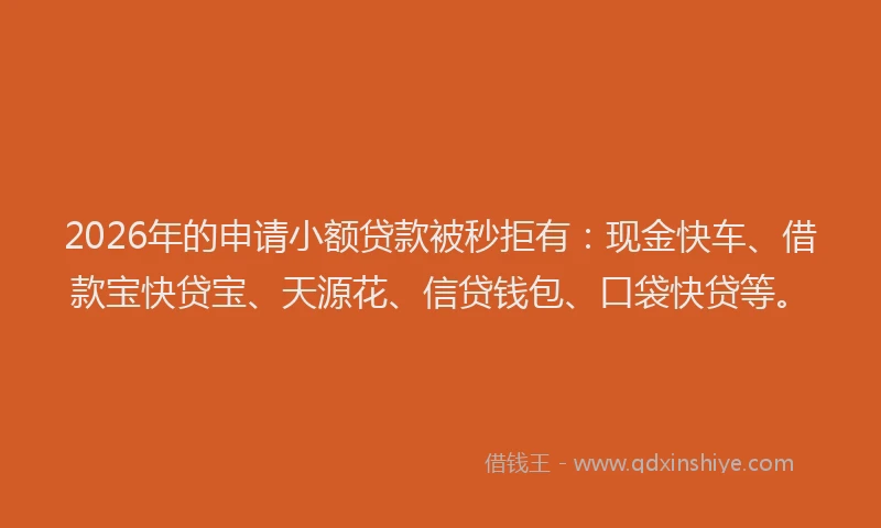 2026年的申请小额贷款被秒拒有：现金快车、借款宝快贷宝、天源花、信贷钱包、口袋快贷等。