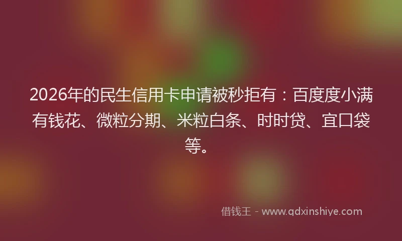2026年的民生信用卡申请被秒拒有：百度度小满有钱花、微粒分期、米粒白条、时时贷、宜口袋等。