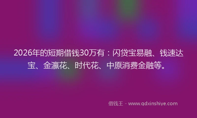 2026年的短期借钱30万有：闪贷宝易融、钱速达宝、金瀛花、时代花、中原消费金融等。