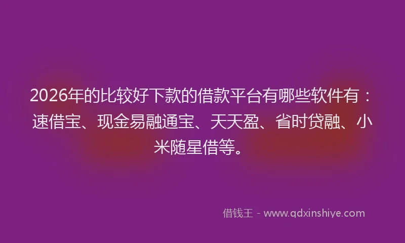 2026年的比较好下款的借款平台有哪些软件有：速借宝、现金易融通宝、天天盈、省时贷融、小米随星借等。