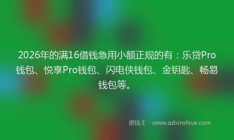 2026年的满16借钱急用小额正规的有：乐贷Pro钱包、悦享Pro钱包、闪电侠钱包、金钥匙、畅易钱包等。