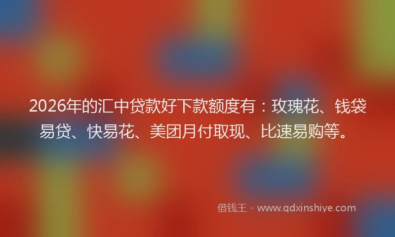 2026年的汇中贷款好下款额度有：玫瑰花、钱袋易贷、快易花、美团月付取现、比速易购等。