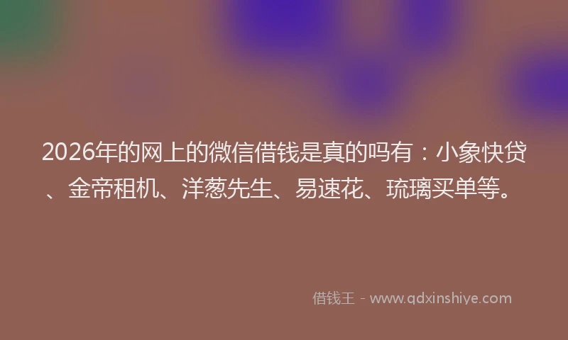 2026年的网上的微信借钱是真的吗有：小象快贷、金帝租机、洋葱先生、易速花、琉璃买单等。