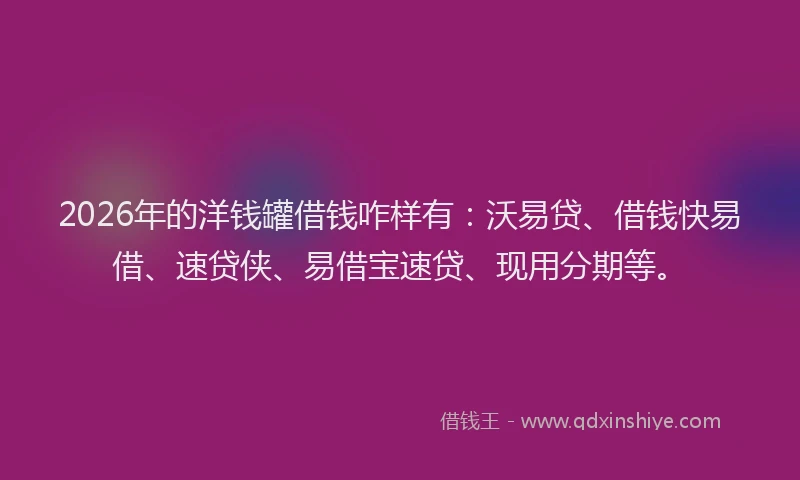 2026年的洋钱罐借钱咋样有：沃易贷、借钱快易借、速贷侠、易借宝速贷、现用分期等。