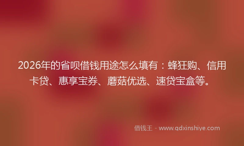 2026年的省呗借钱用途怎么填有：蜂狂购、信用卡贷、惠享宝券、蘑菇优选、速贷宝盒等。