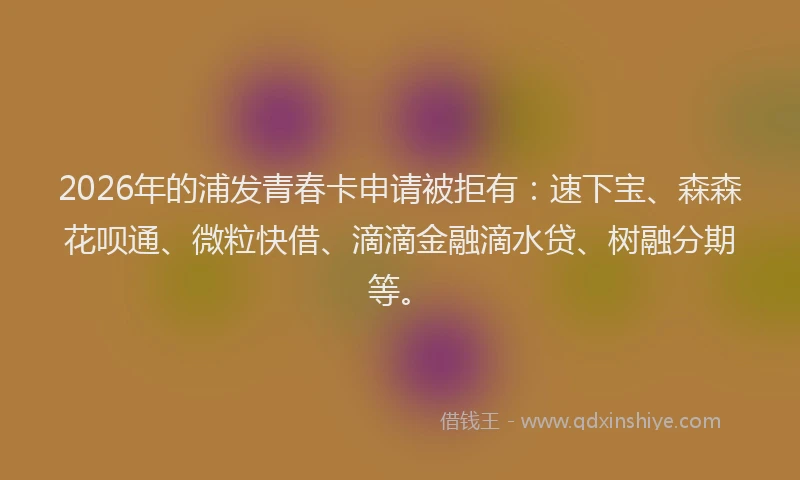 2026年的浦发青春卡申请被拒有：速下宝、森森花呗通、微粒快借、滴滴金融滴水贷、树融分期等。