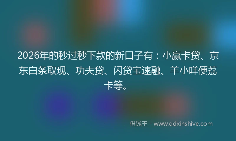 2026年的秒过秒下款的新口子有：小赢卡贷、京东白条取现、功夫贷、闪贷宝速融、羊小咩便荔卡等。