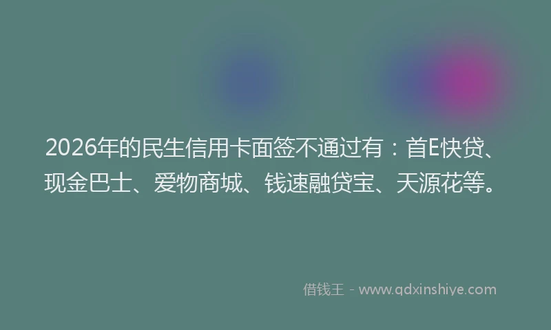 2026年的民生信用卡面签不通过有：首E快贷、现金巴士、爱物商城、钱速融贷宝、天源花等。
