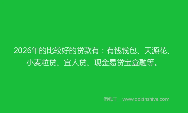 2026年的比较好的贷款有：有钱钱包、天源花、小麦粒贷、宜人贷、现金易贷宝盒融等。