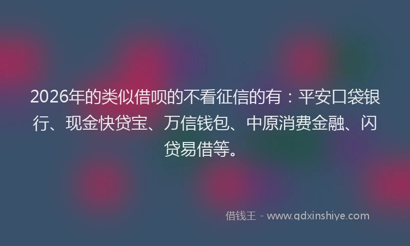 2026年的类似借呗的不看征信的有：平安口袋银行、现金快贷宝、万信钱包、中原消费金融、闪贷易借等。