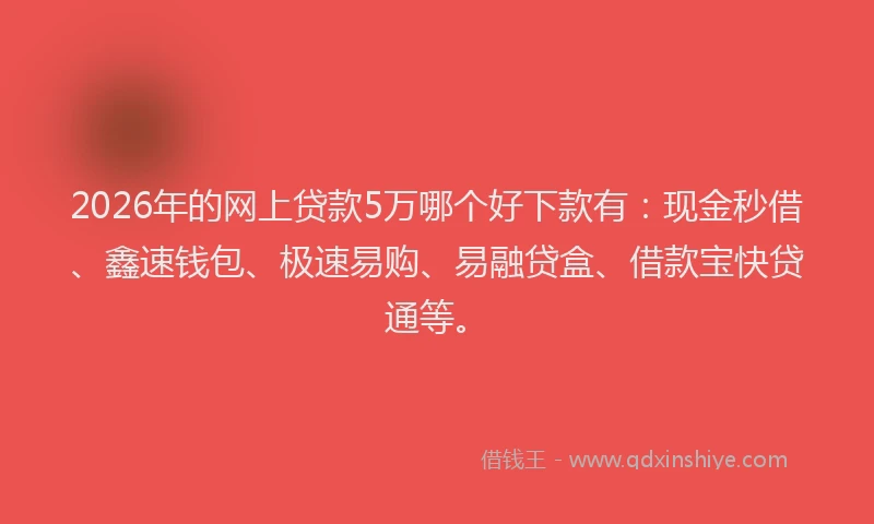 2026年的网上贷款5万哪个好下款有：现金秒借、鑫速钱包、极速易购、易融贷盒、借款宝快贷通等。