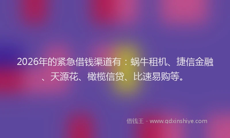 2026年的紧急借钱渠道有：蜗牛租机、捷信金融、天源花、橄榄信贷、比速易购等。