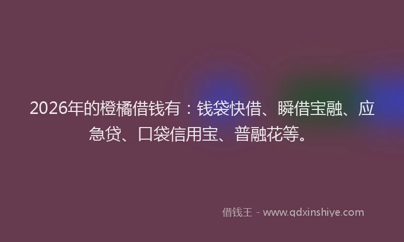 2026年的橙橘借钱有：钱袋快借、瞬借宝融、应急贷、口袋信用宝、普融花等。
