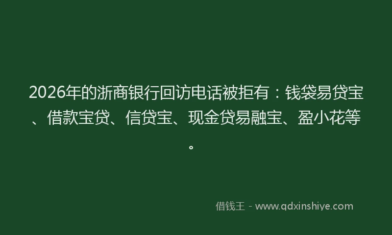 2026年的浙商银行回访电话被拒有：钱袋易贷宝、借款宝贷、信贷宝、现金贷易融宝、盈小花等。