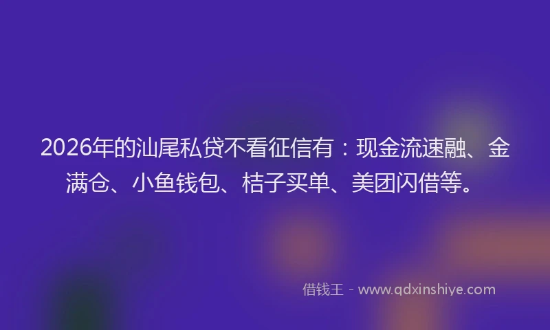 2026年的汕尾私贷不看征信有：现金流速融、金满仓、小鱼钱包、桔子买单、美团闪借等。