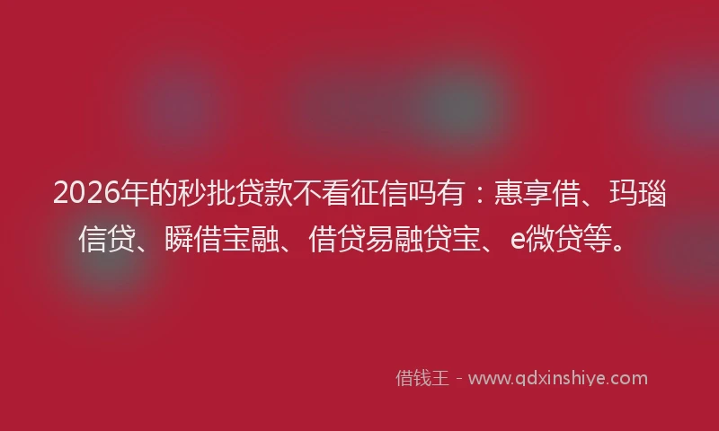 2026年的秒批贷款不看征信吗有：惠享借、玛瑙信贷、瞬借宝融、借贷易融贷宝、e微贷等。