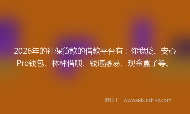 2026年的社保贷款的借款平台有：你我贷、安心Pro钱包、林林借呗、钱速融易、现金盒子等。