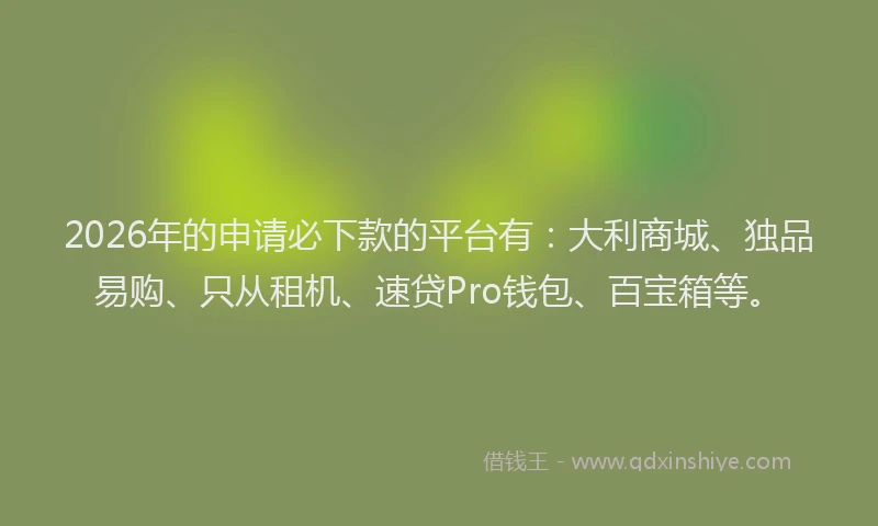 2026年的申请必下款的平台有：大利商城、独品易购、只从租机、速贷Pro钱包、百宝箱等。
