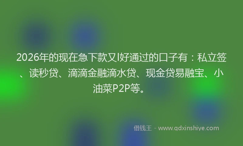 2026年的现在急下款又l好通过的口子有：私立签、读秒贷、滴滴金融滴水贷、现金贷易融宝、小油菜P2P等。