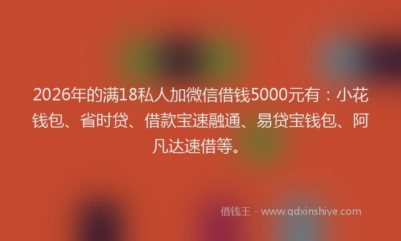 2026年的满18私人加微信借钱5000元有：小花钱包、省时贷、借款宝速融通、易贷宝钱包、阿凡达速借等。