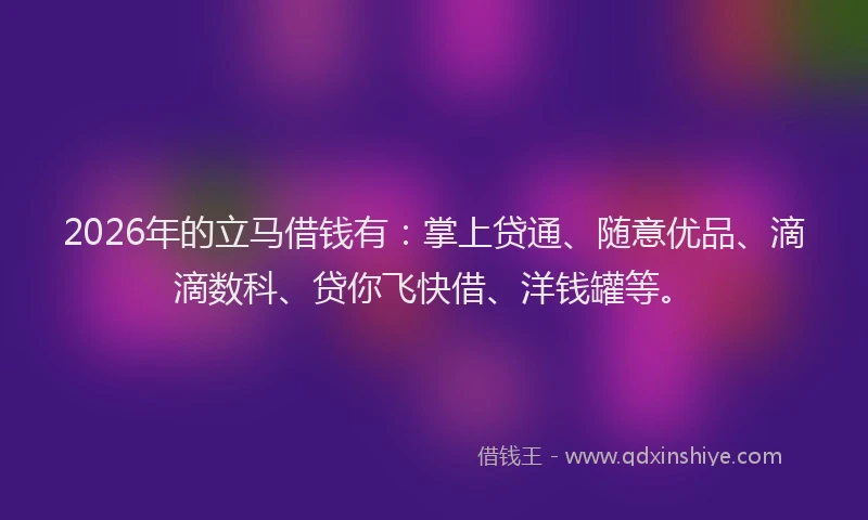 2026年的立马借钱有：掌上贷通、随意优品、滴滴数科、贷你飞快借、洋钱罐等。