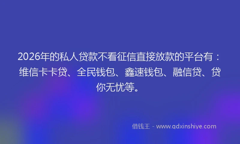 2026年的私人贷款不看征信直接放款的平台有：维信卡卡贷、全民钱包、鑫速钱包、融信贷、贷你无忧等。