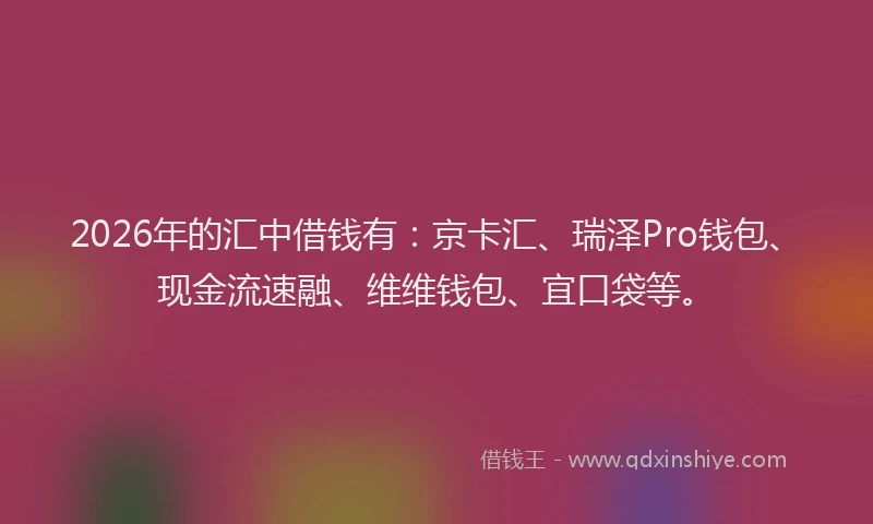 2026年的汇中借钱有：京卡汇、瑞泽Pro钱包、现金流速融、维维钱包、宜口袋等。