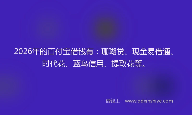 2026年的百付宝借钱有：珊瑚贷、现金易借通、时代花、蓝鸟信用、提取花等。