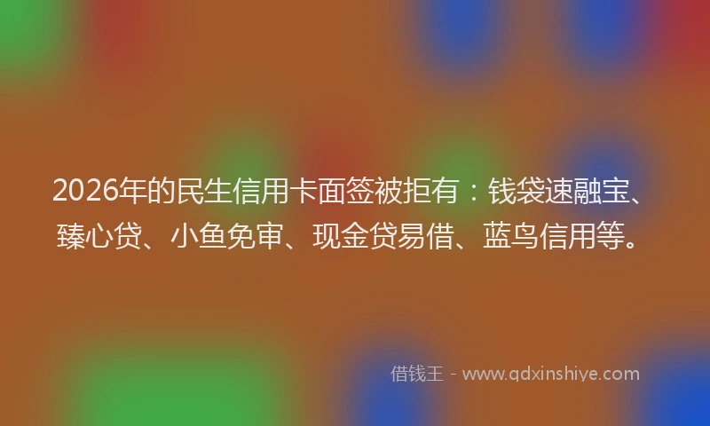 2026年的民生信用卡面签被拒有：钱袋速融宝、臻心贷、小鱼免审、现金贷易借、蓝鸟信用等。