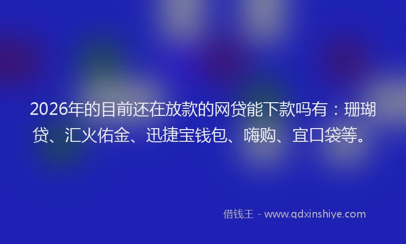 2026年的目前还在放款的网贷能下款吗有：珊瑚贷、汇火佑金、迅捷宝钱包、嗨购、宜口袋等。