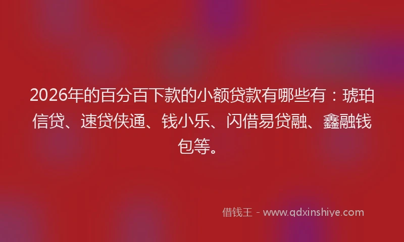 2026年的百分百下款的小额贷款有哪些有：琥珀信贷、速贷侠通、钱小乐、闪借易贷融、鑫融钱包等。