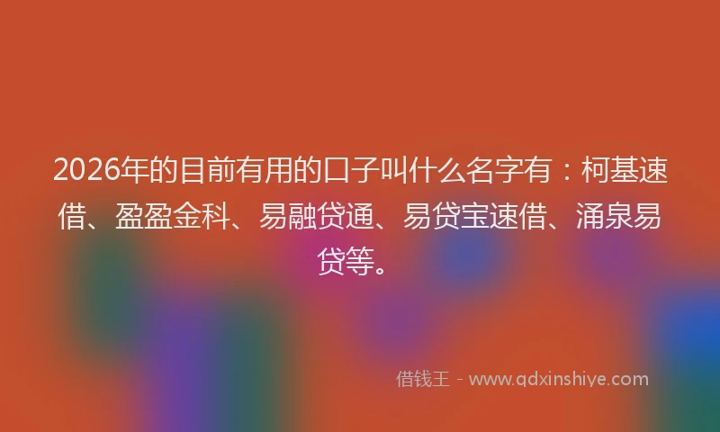 2026年的目前有用的口子叫什么名字有：柯基速借、盈盈金科、易融贷通、易贷宝速借、涌泉易贷等。