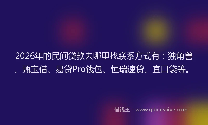 2026年的民间贷款去哪里找联系方式有：独角兽、甄宝借、易贷Pro钱包、恒瑞速贷、宜口袋等。