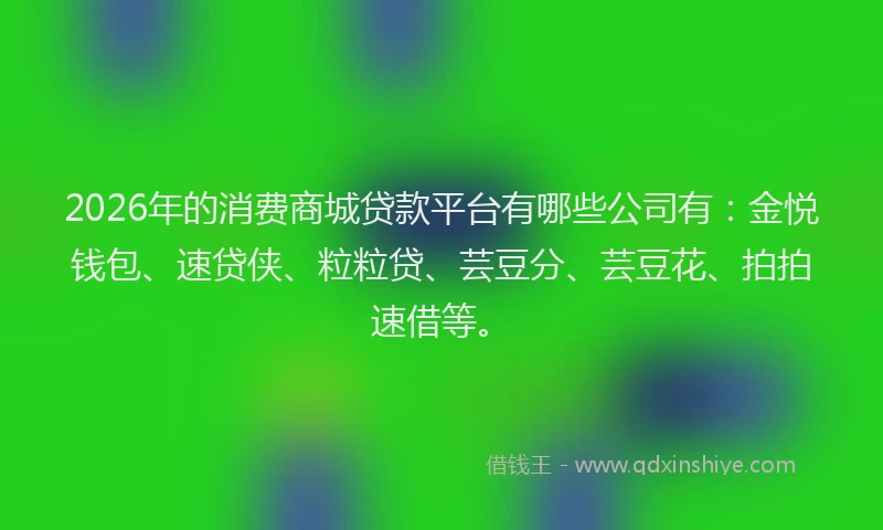 2026年的消费商城贷款平台有哪些公司有：金悦钱包、速贷侠、粒粒贷、芸豆分、芸豆花、拍拍速借等。