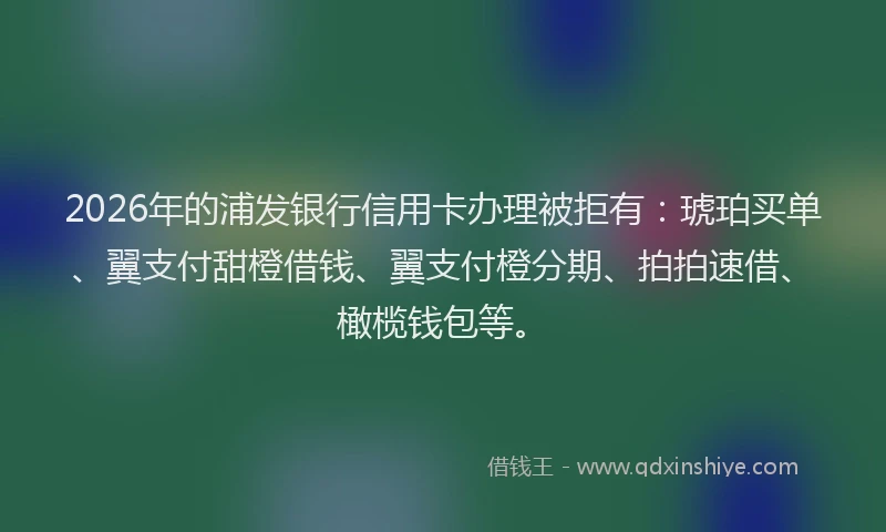 2026年的浦发银行信用卡办理被拒有：琥珀买单、翼支付甜橙借钱、翼支付橙分期、拍拍速借、橄榄钱包等。